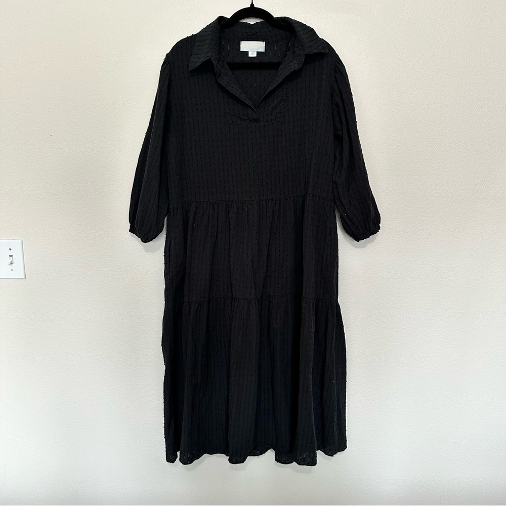 House of woo textured Collared Tiered Tunic Dress black womens size S oversized